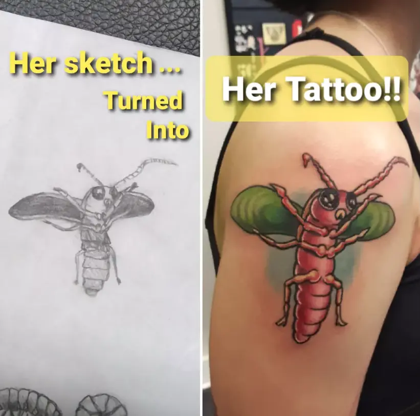 Tattoo translating a bee drawing into a finished color design