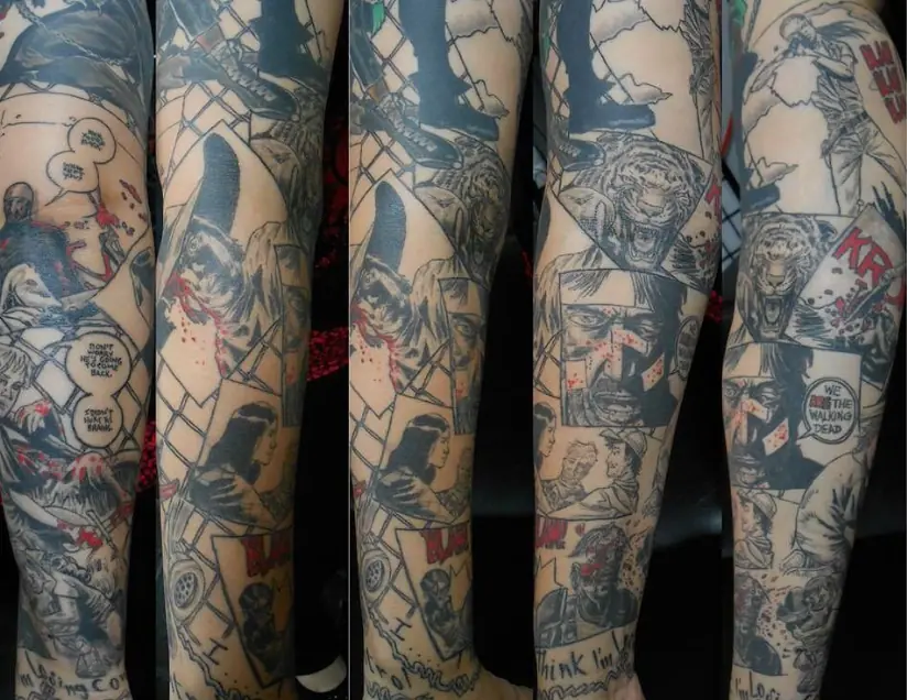 Multiple views of a completed illustrative tattoo sleeve